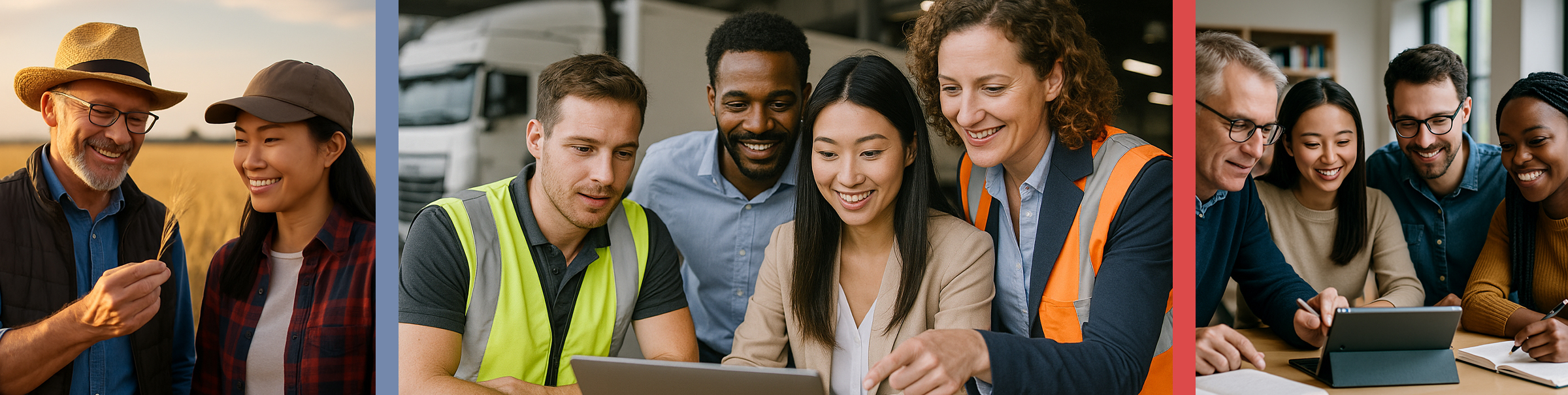 Équipe francophone diversifiée collaborant sur un ordinateur portable dans un centre de transport, illustrant le soutien de l’AFEC – Alliance de la francophonie économique canadienne – au secteur de la logistique et de la mobilité économique. Groupe de francophones de différentes générations réunis autour d’une tablette pour une séance de formation, illustrant les services d’accompagnement et de développement de compétences de l’AFEC – Alliance de la francophonie économique canadienne.