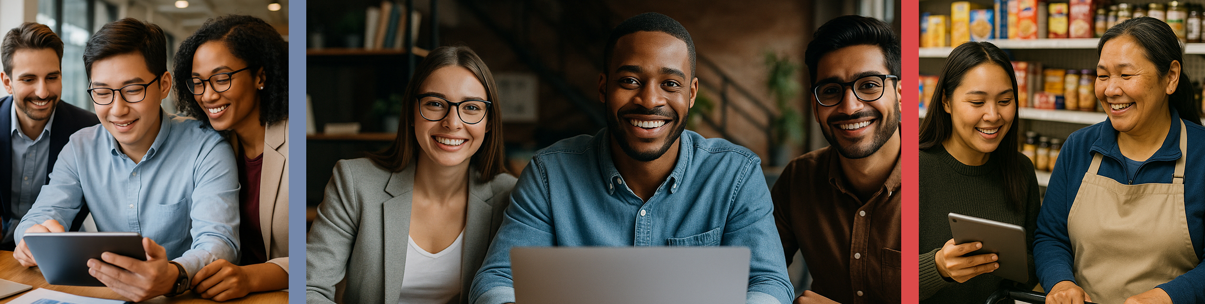 Jeunes entrepreneurs francophones collaborant autour d’une tablette dans un espace de travail partagé, illustrant la relève économique soutenue par l’AFEC – Alliance de la francophonie économique canadienne. Trois jeunes entrepreneurs francophones souriants travaillant ensemble autour d’un ordinateur portable, illustrant la créativité et l’élan entrepreneurial soutenus par l’AFEC – Alliance de la francophonie économique canadienne. Deux femmes autochtones souriantes dans une épicerie, utilisant une tablette, représentant les initiatives communautaires et le développement économique local soutenus par l’AFEC – Alliance de la francophonie économique canadienne.